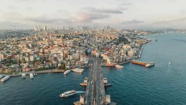 Aerial view of the Galata Bridge, the Bosphorus and the Golden Horn, Istanbul