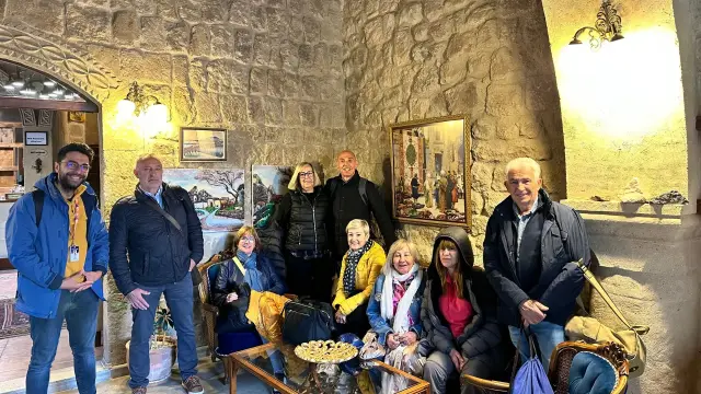 A group leaving a cave hotel in Cappadocia